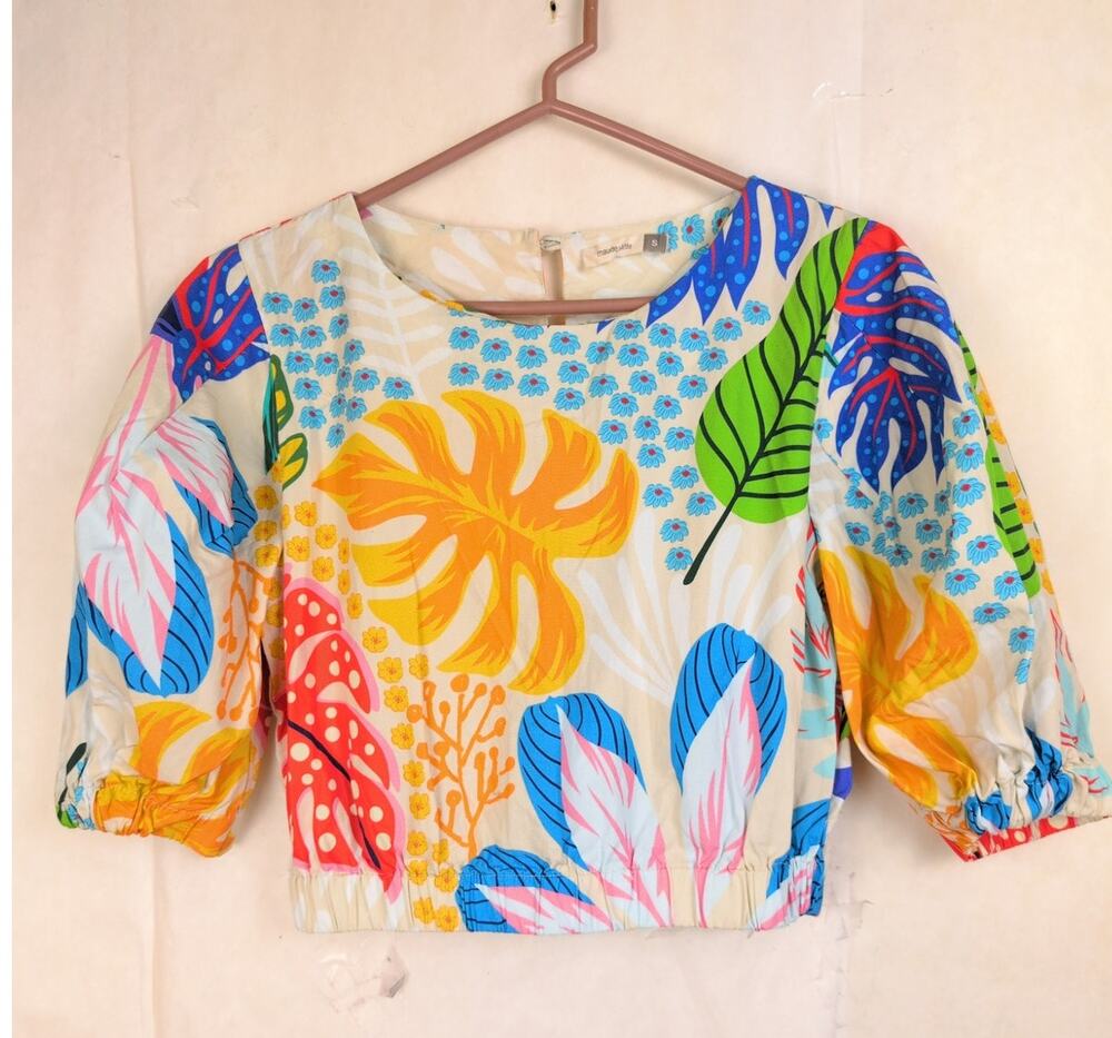 Maude Vivante floral puff sleeve crop top Size Small Tropical Vibrant Boho Retro